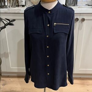 NEW Pink Tartan Navy 100% silk Blouse with Gold button and zip pocket detail